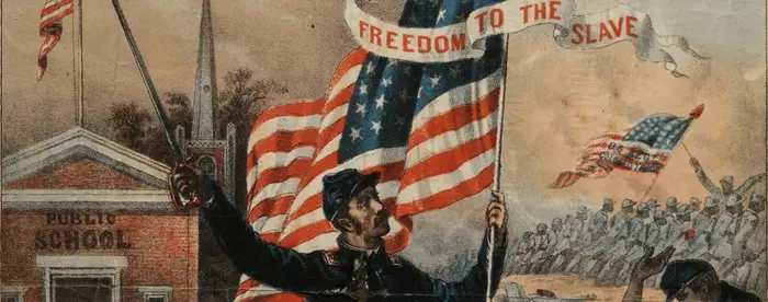 Poster with a fantastical Civil War battle in the background and a union soldier in the foreground waving a US flag