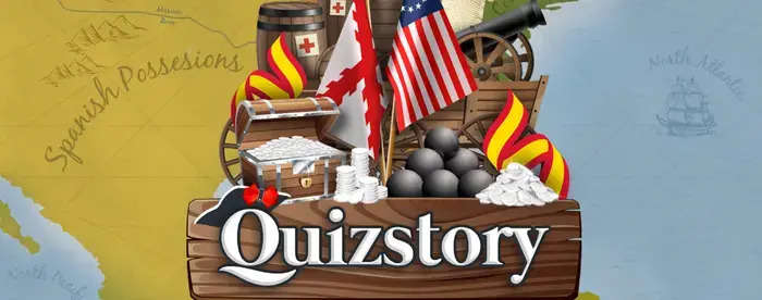 Quiz Story Game Cover Image with map in background and history items e.g. barrels, cannonballs etc in logo