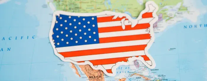 Map of North American with the American flag taking the place of the United States