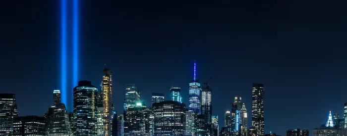 New York City skyline with beacons of light where the World Trade Center used to be