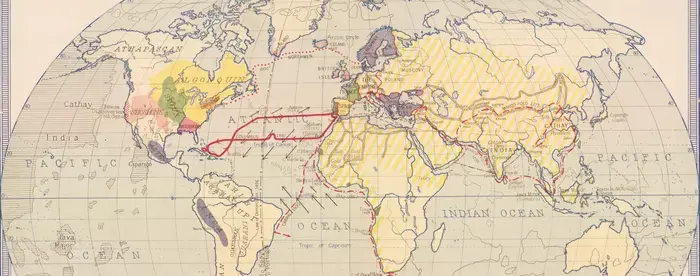 World map showing pathway of Columbus' voyages