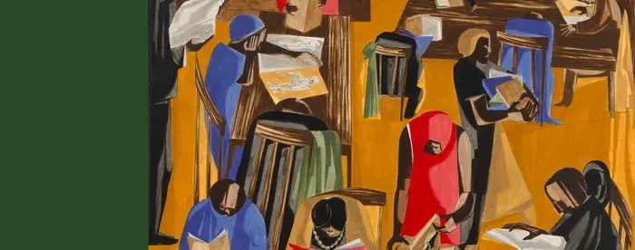 Painting by Jacob Lawrence  of a crowded reading room at the 135th Street Library.