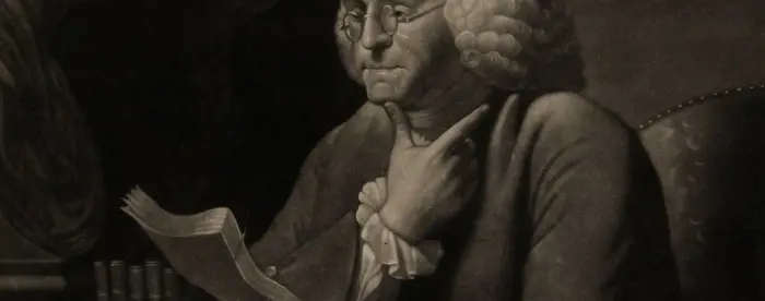 Mezzotint based on David Martin's late 18th-century portrait. At the bottom corners of the print, Martin is credited with the original painting and Edward Savage with the engraving of this mezzotint. Title is in cursive across the bottom of the sheet, whereas the original portrait has a printed title. Franklin is reading at a small table with his hand at his throat. To his right, perched atop a pile of books, is a bust of Isaac Newton.