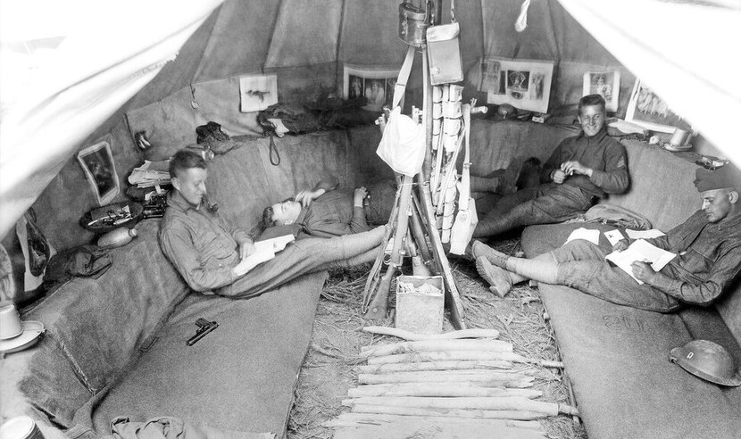 WWI Soldiers relaxing in a tent