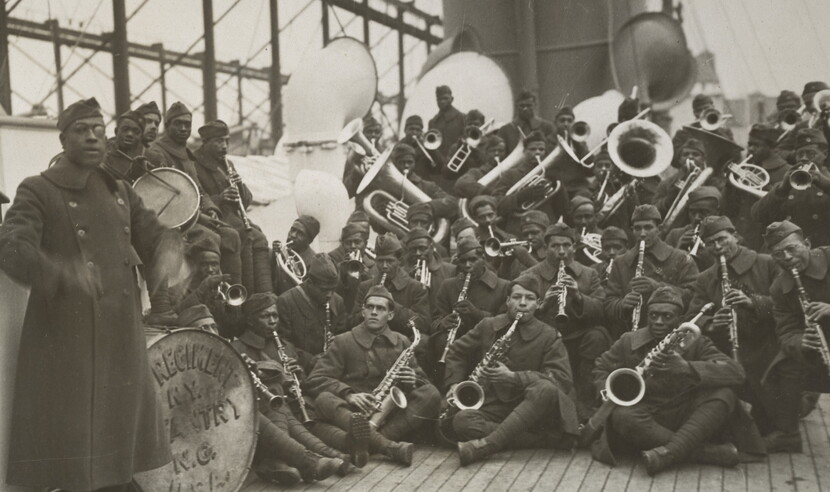 Photograph from Feb 12, 1919 showing Regiment Band returning to the US