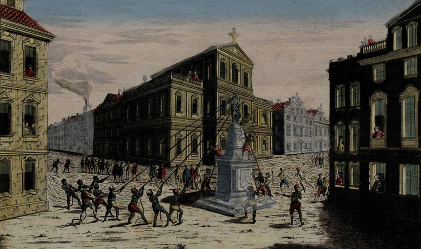Print of the New York Sons of Liberty destroying a statue of King George III. 