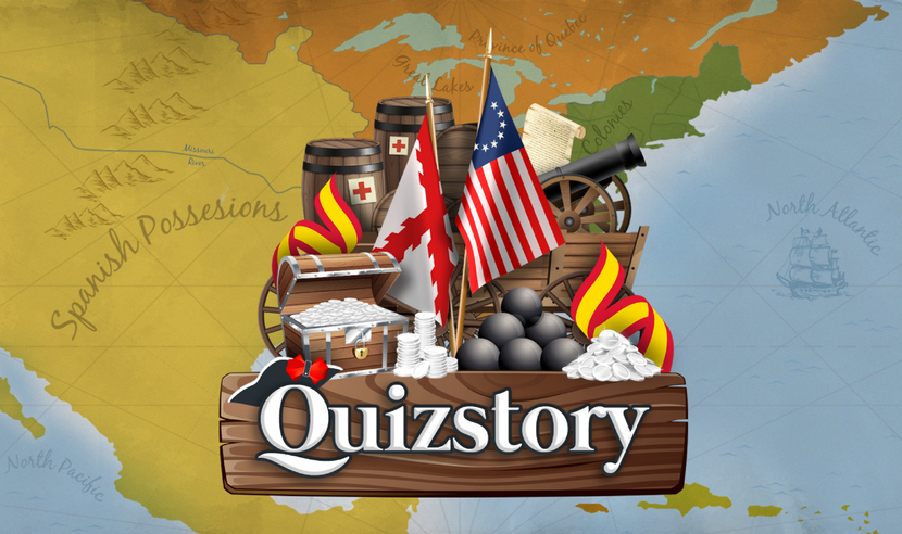 Quiz Story Game Cover Image with map in background and history items e.g. barrels, cannonballs etc in logo