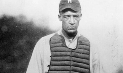  Black-and-white photograph of Louis Santop Loftin in the gear of a catcher.