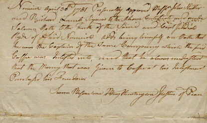 Handwritten document from 1781 attesting to the freedom of Cuffee Wells (Saunders)