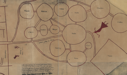 Facsimile of a deerskin map made by a Catawba Indian depicting the situation of several nations of Indians to the northwest of South Carolina