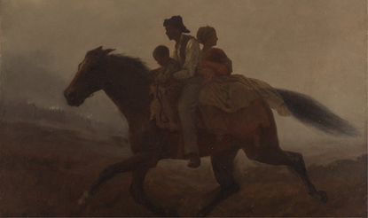 Oil painting from 1862 by Eastman Johnson showing an enslaved family on horse, riding to Union lines