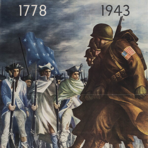 WWII poster showing 1943 troops passing Revolutionary era soldiers