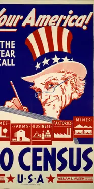 Poster with Uncle Sam filling out a census form against a blue background.