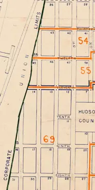 View of 1950 Enumeration District map of Hoboken, New Jersey with district boundaries in orange and corporate limits delineated with a thick black line.