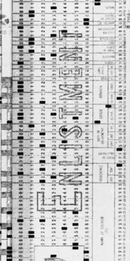 Scanned punchcard that would have been filled out when a soldier enlisted in the Army. The word "Enlistment" is visible across the punchcard.