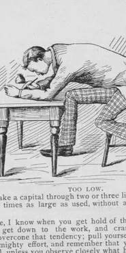 Cartoonish drawing showing a writer hunched over a desk.