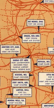 Portion of Greyhound bus route map focused on Kanasas, Nebraska, and Iowa.