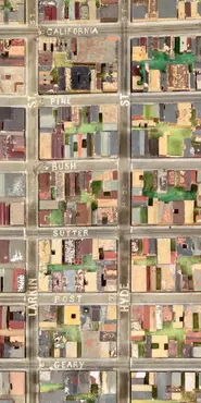 Colorful overhead view of a model of San Francisco streets from 1940.