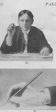 Photographs in a book showing a man sitting at a desk about to write and a closeup of his hand.
