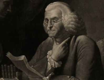 Mezzotint showing Benjamin Franklin Reading