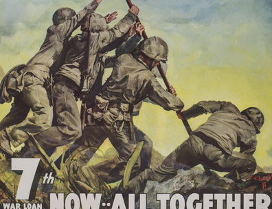 WWII poster showing four soldiers planting the US flag with text saying "Now All Together"