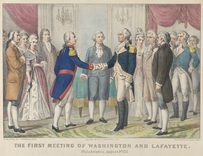 A nineteenth-century print showing the meeting of George Washington and the Marquis de Lafayette at a social gathering