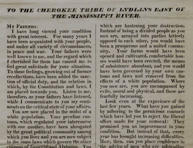 Printed letter from Andrew Jackson to the Cherokee tribe.