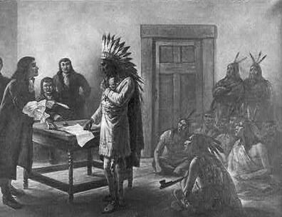 A black and white print of Metacomet meeting with a group of white settlers.