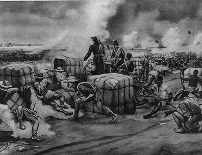 Black and white print of the Battle of New Orleans.