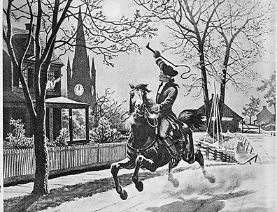 Black and white illustration of Paul Revere on a horse riding down a city street.