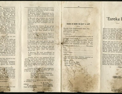 Pamphlet dated 1926 answers common questions in relation to buying a home in Eureka Villa, California. The development was geared towards African Americans in an effort to make home buying a reachable dream.