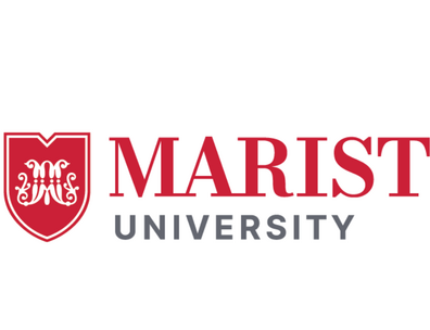 "Marist University," with red shield with a regal white "M" at left.