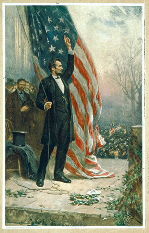 "Abraham Lincoln at Independence Hall," based on a painting by Jean-Leon-Gerome Ferris, printed by Gerlach-Barklow Co., Joliet, Illinois, 1908 (Library of Congress)