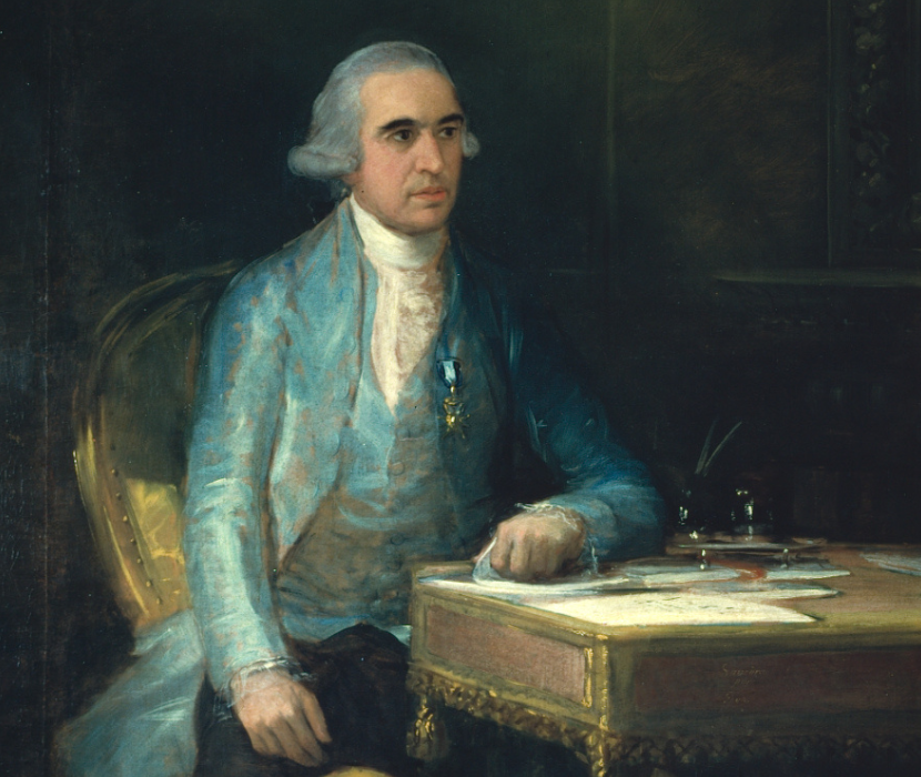 Eighteenth-century portrait of a man in blue clothing, sitting at a desk