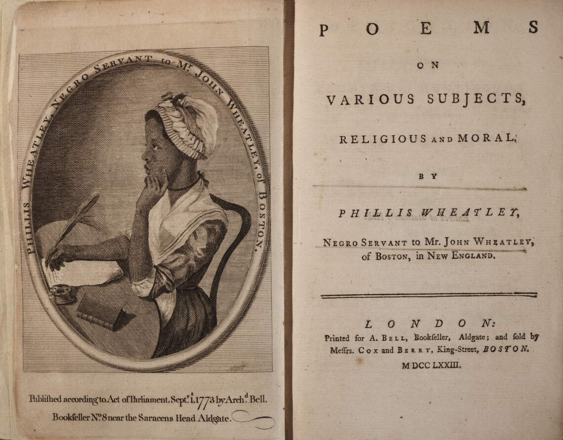 Frontispiece and title page of book of poetry published in 1773 with portrait of Phillis Wheatley