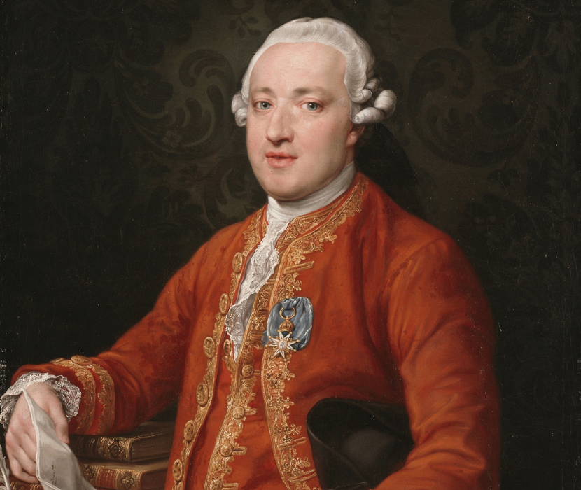 Eighteenth-century portrait of man in red clothing holding a piece of paper