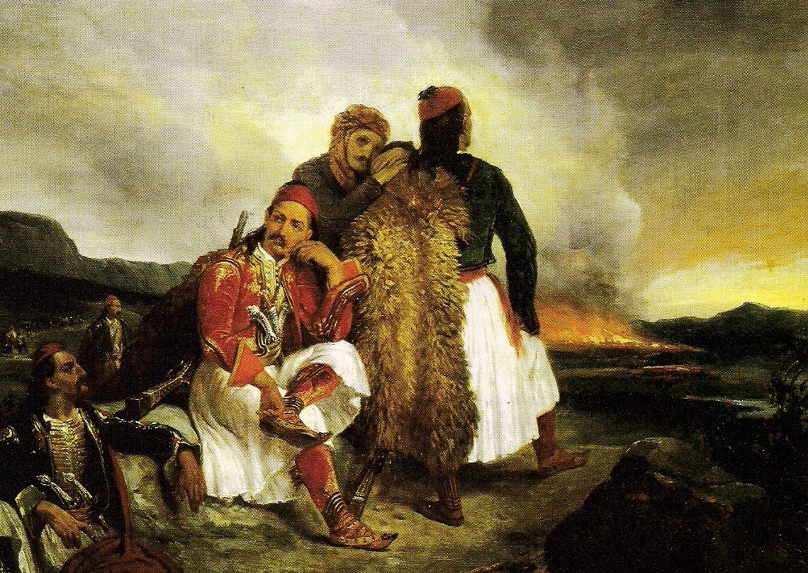 A group of greek revolutionary men dressed in exotic garb looking inconsolable as a fire rages in the background.