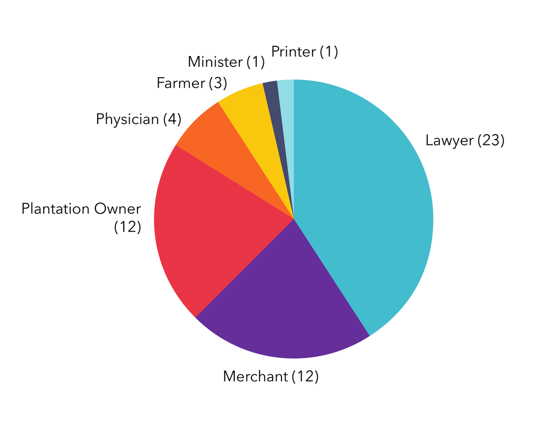 Pie chart showing distribution of Declaration of Independence signers by occupation type