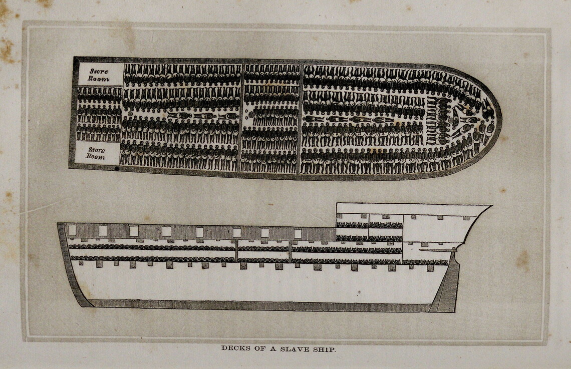 Printed plan and section of a slave ship depicting the tight and inhumane conditions that enslaved people were held in below deck.