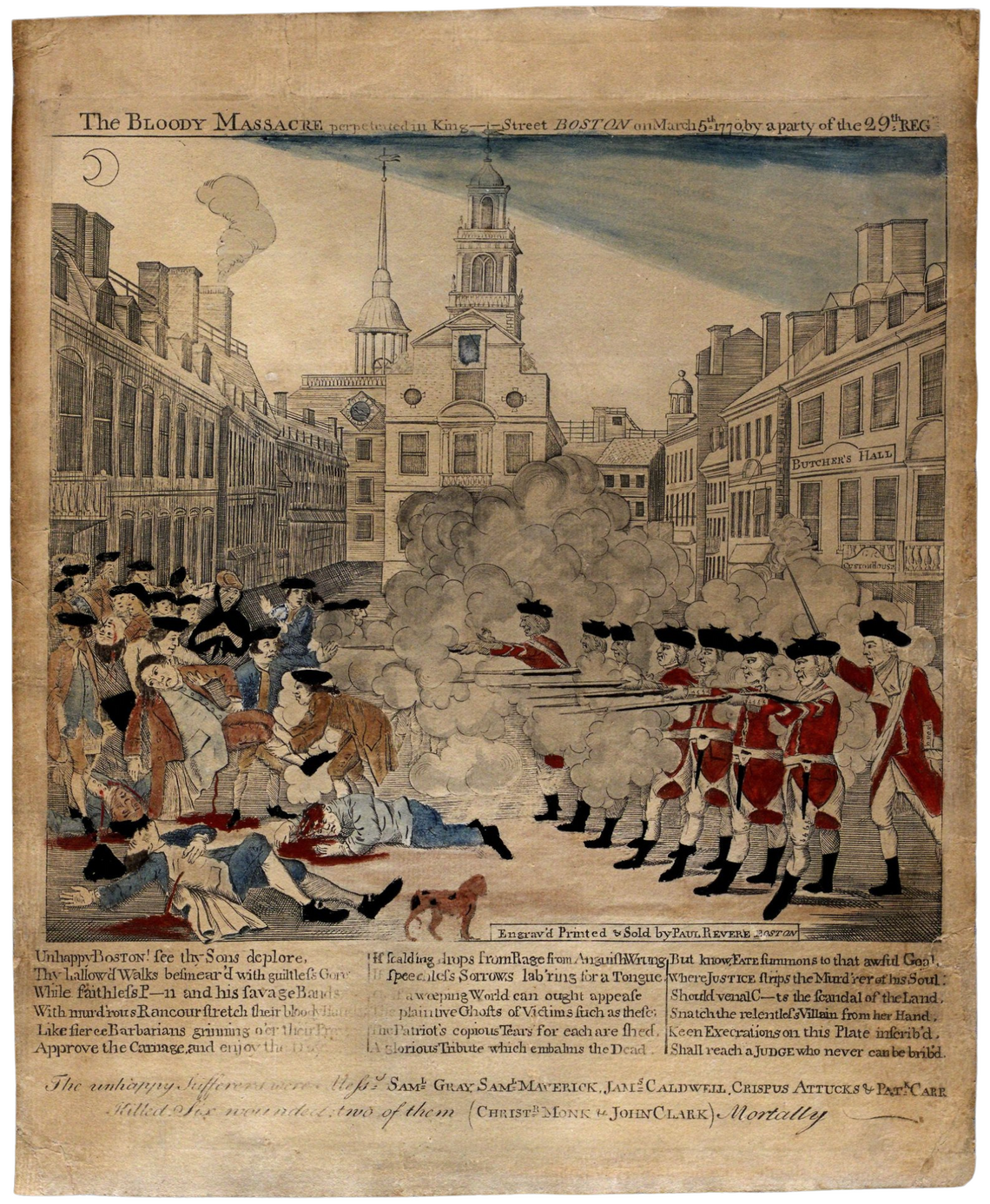 British troops firing upon the crowd in Boston during the Boston Massacre, March 5, 1770. The British soldiers are on the right firing into the crowd on the left.