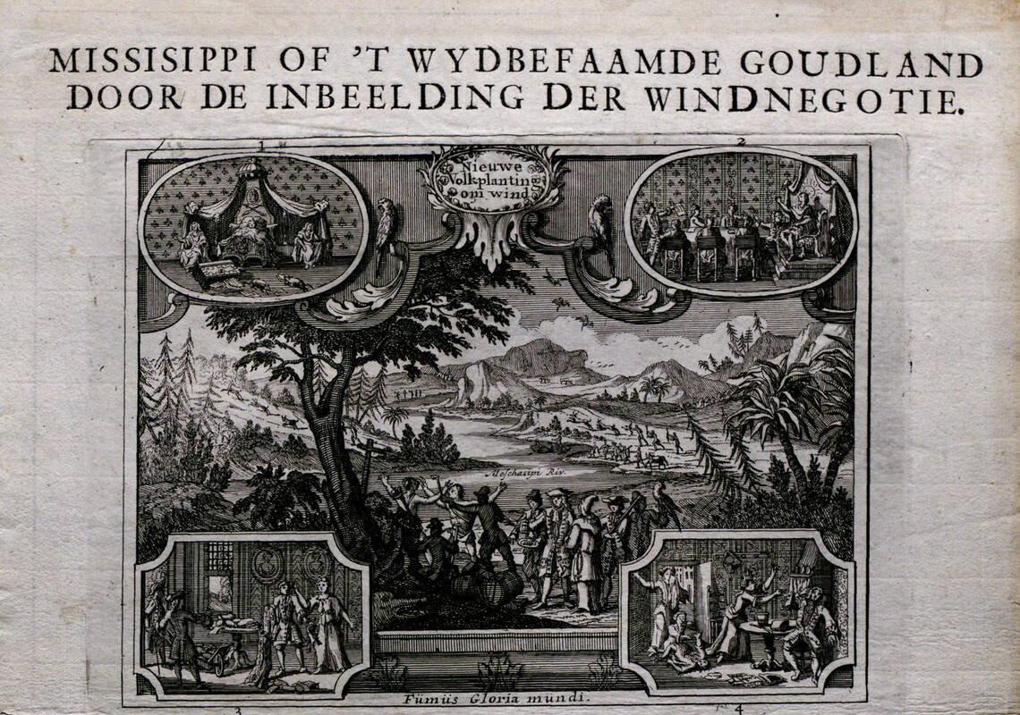 Engraved scene by John Law depicting Europeans trading gold with American Indians on the banks of the Mississippi River.