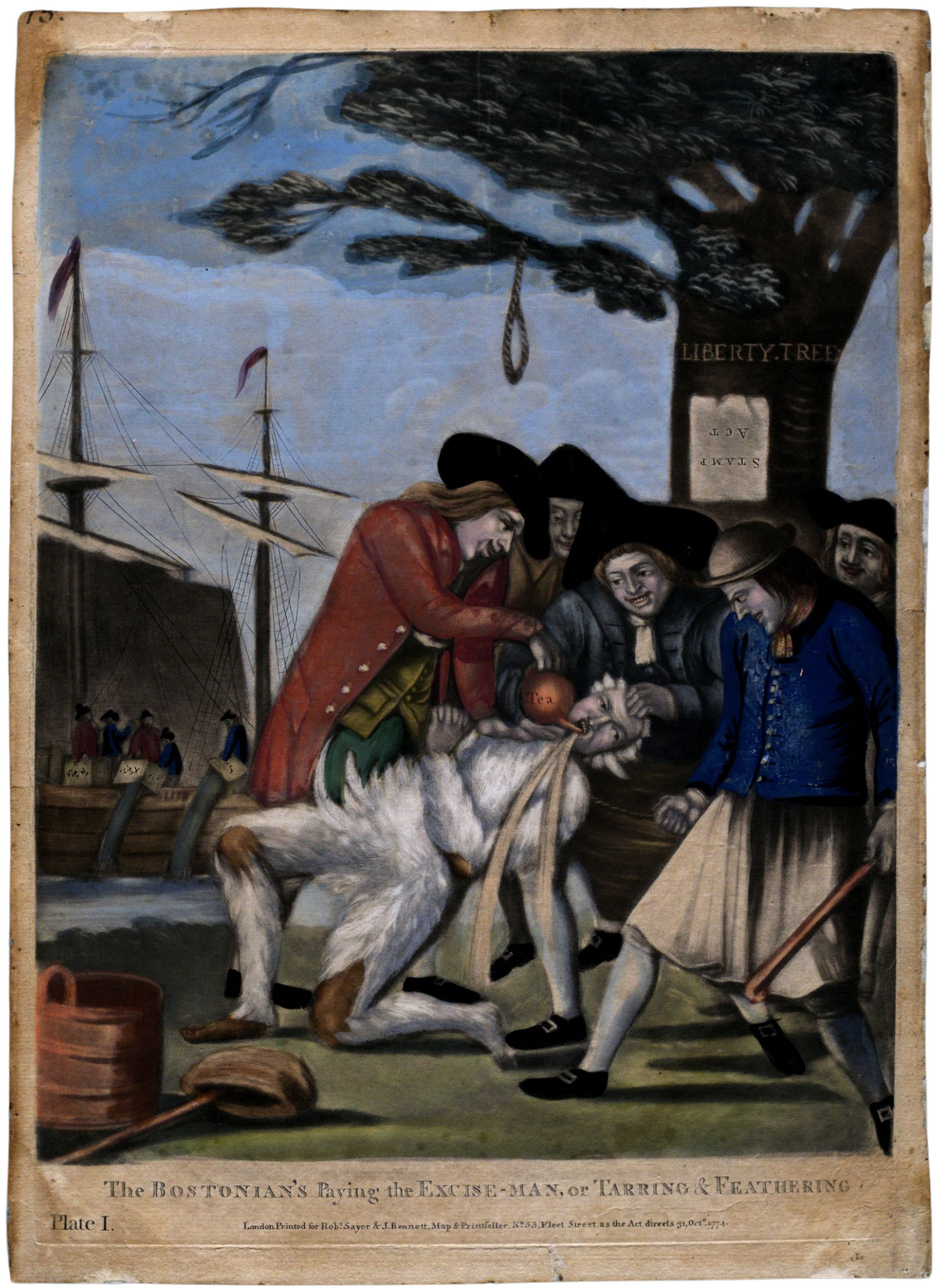 Engraving attributed to Philip Dawe, with hand-coloring. Shows the Boston Tea Party in the background, a "Liberty Tree" with a paper "Stamp Act" affixed upside-down, with five unsavory Bostonians forcibly pouring a pot of tea into the mouth of a tarred and feathered tea excise collector.