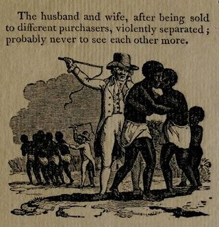 Close up view of vignette from a broadside depicting the treatment of the physical and mental violence of enslaved Africans.