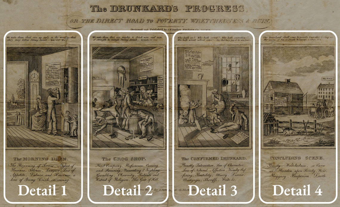 A broadside depicting the the dangers of drinking. It shows four scenes of an alcoholic’s path to ruin: “The Morning Dram,” “The Grog Shop,” “The Confirmed Drunkard,” and “Concluding Scene.”