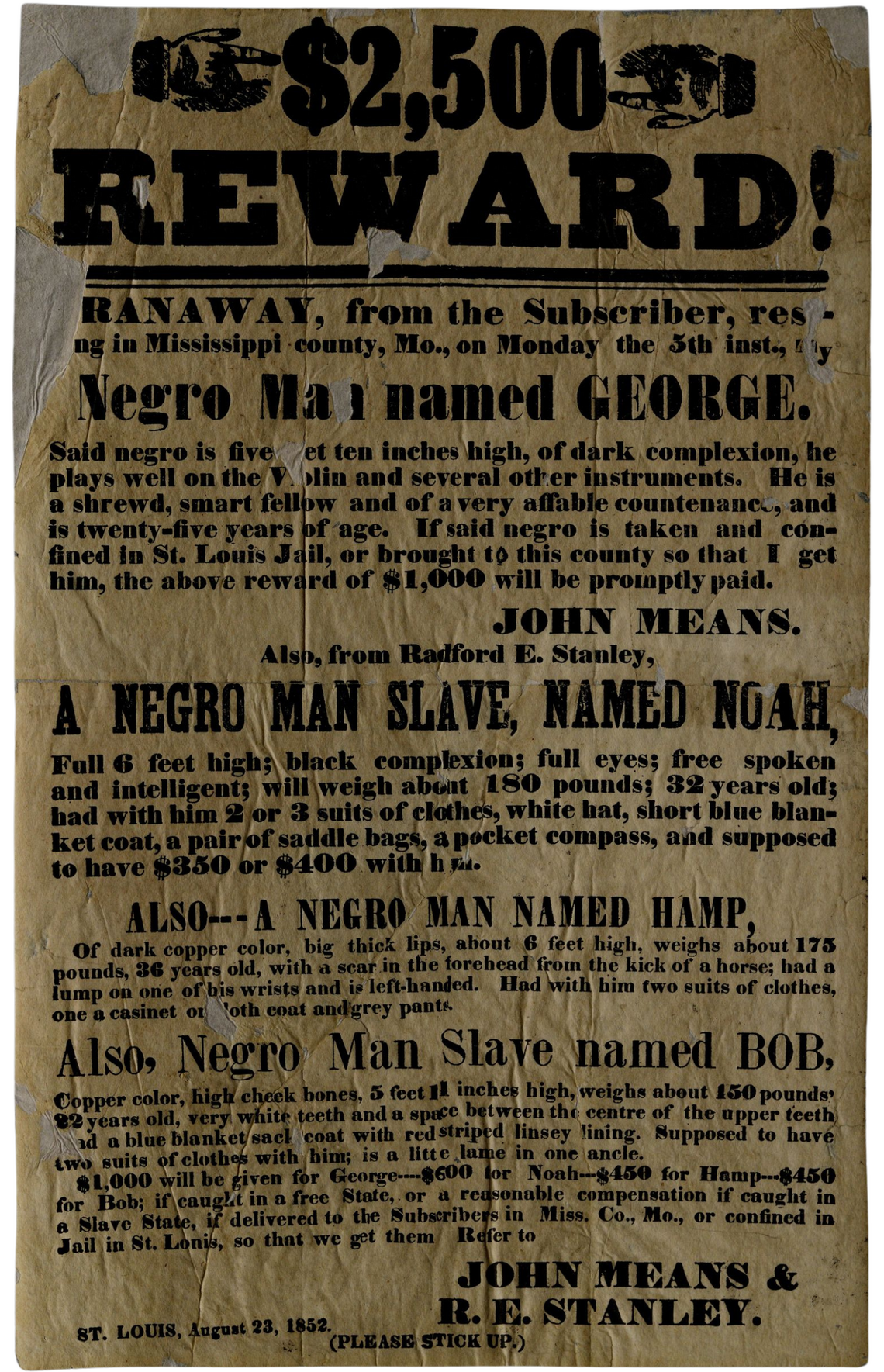 Broadside advertising four runaway slaves and their characteristics, offering more compensation if captured in a free state. (With losses to text.)