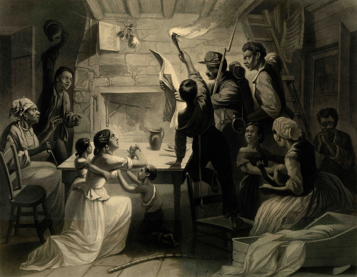 Lithograph depicting an African American family gathered around a soldier reading a newspaper. The family all look to the soldier in varying states of shock and hope as he reads the emancipation proclamation. Present are eleven people including a mother who is kneeling and praying in the center of the image.