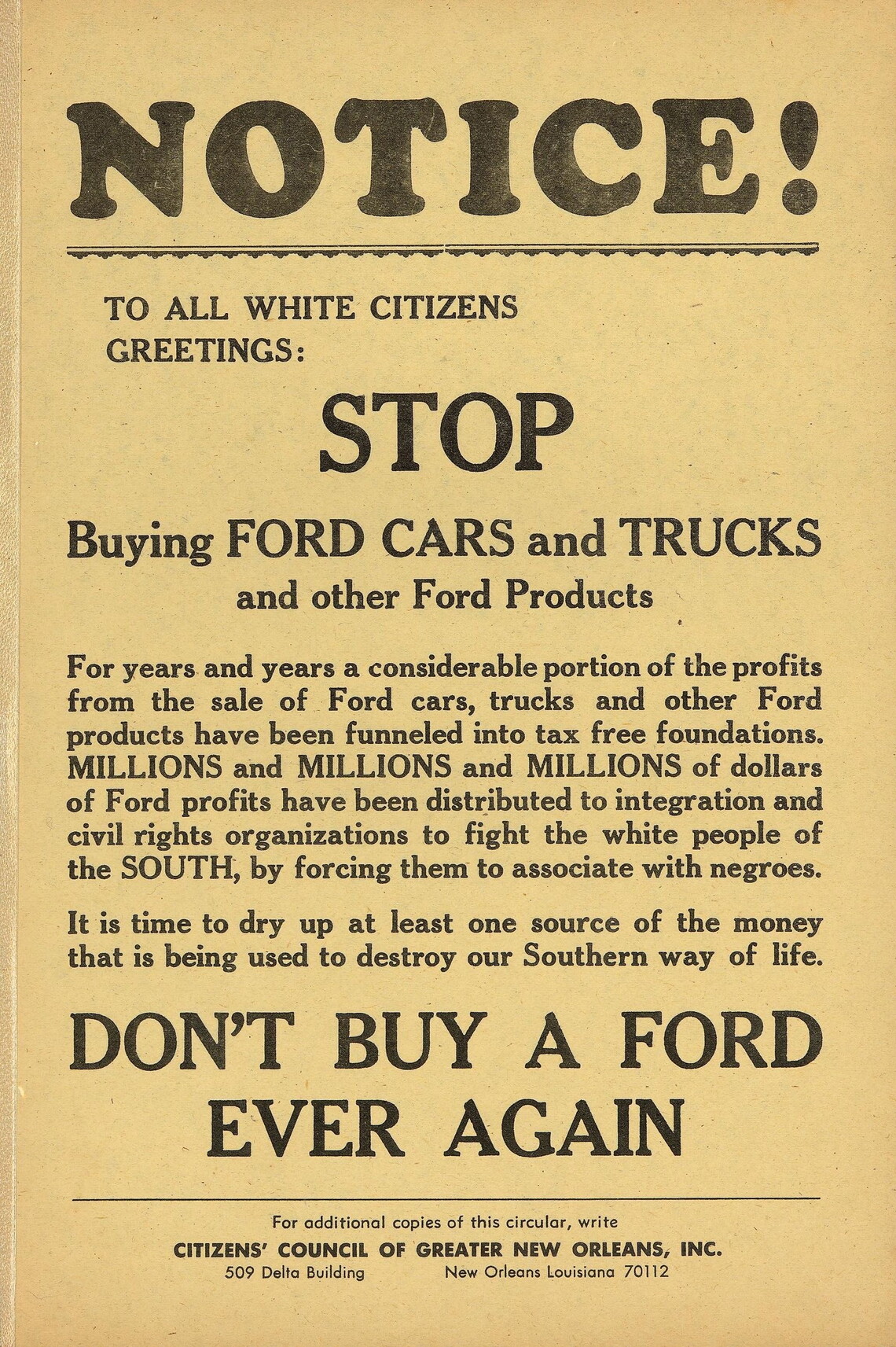 Poster advocating to never buy a Ford again