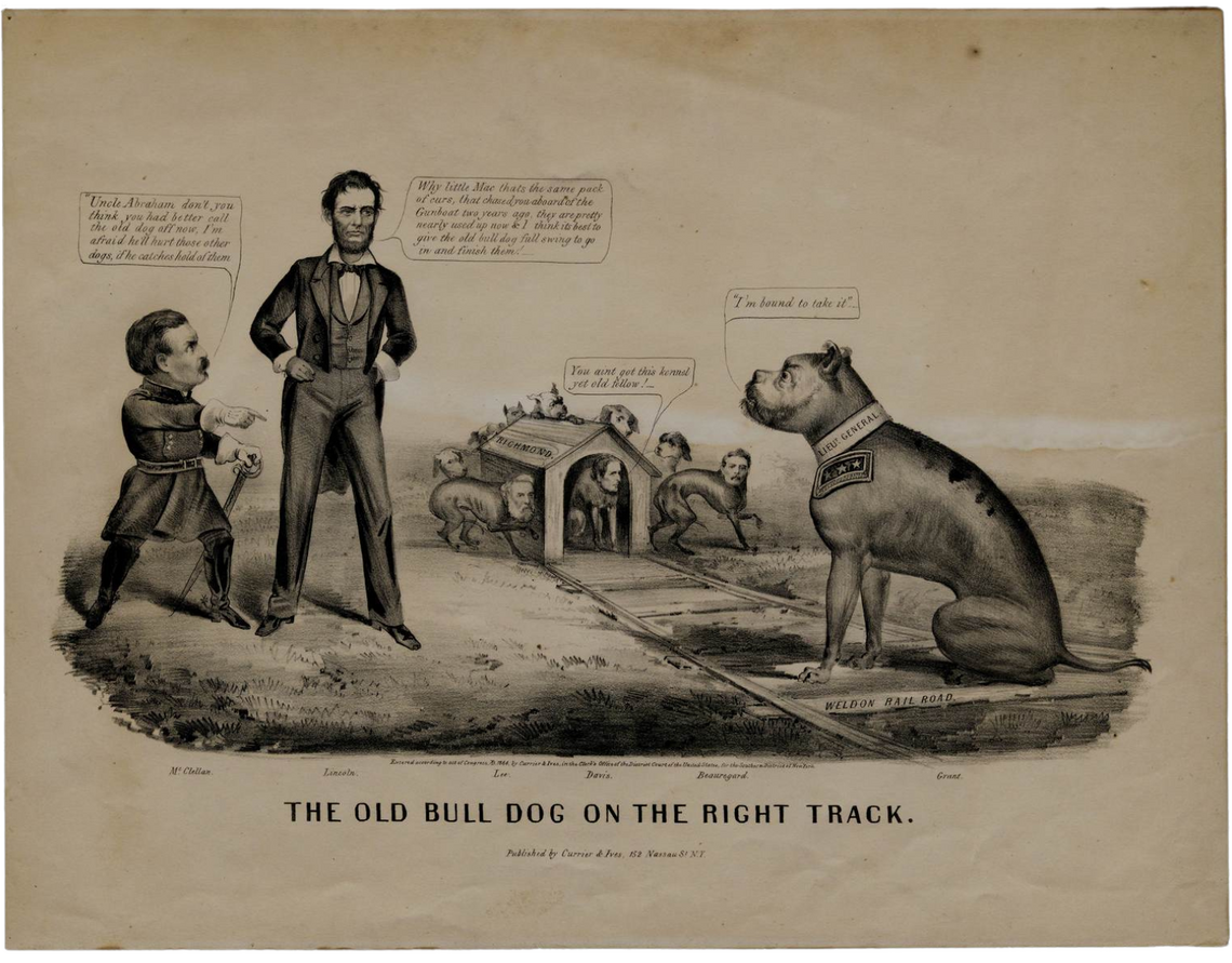 Cartoon that depicts a very short and hostile General George McClellan and a very tall and confident Abraham Lincoln, both candidates in the 1864 presidential election, on the left side of the picture.