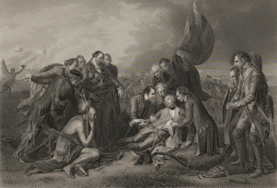 Engraving based on Benjamin West’s painting depicting the death of British General Wolfe at the Battle of the Plains Abraham near Quebec City in 1759. A British general lays dying at the center of the picture, flanked by other soldiers and a First Nations warrior (possibly Mohawk) as British and French troops fight in the distance.