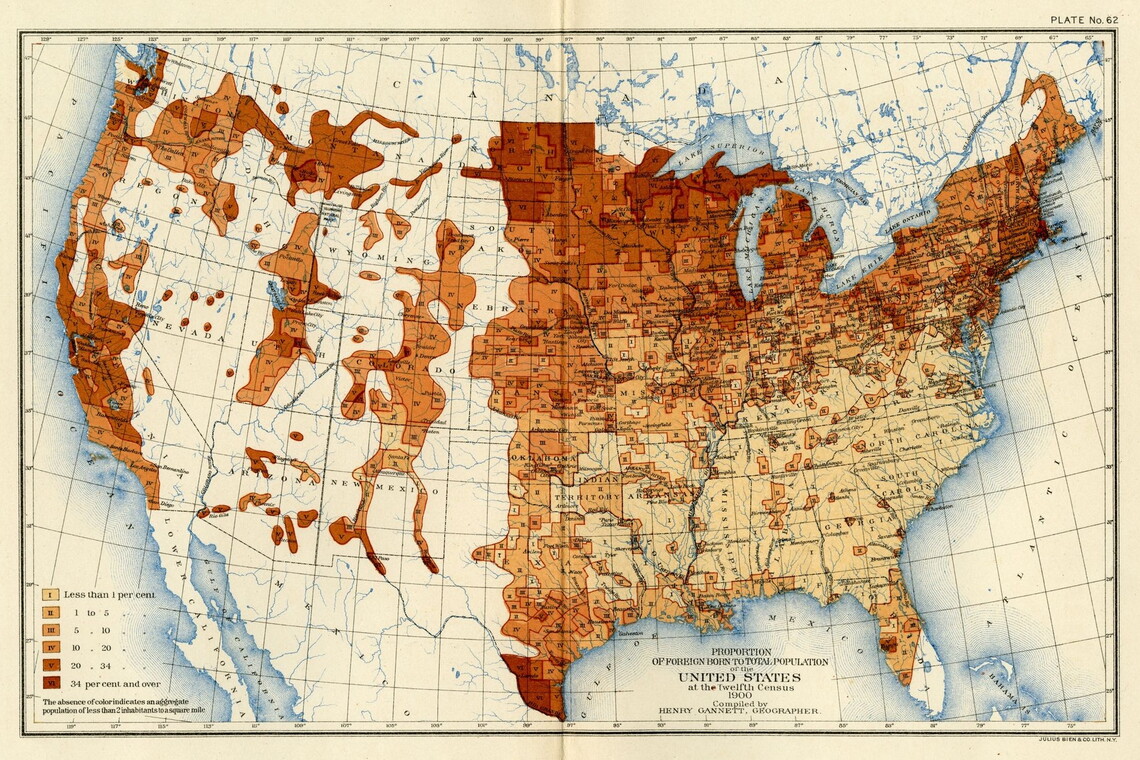 One map containing the results of the of the twelfth census of the foreign immigrant population in the United States printed in 1900. Results were compiled by geographer Henry Gannett. Map shows that the largest foreign populations were in the Midwest regions.